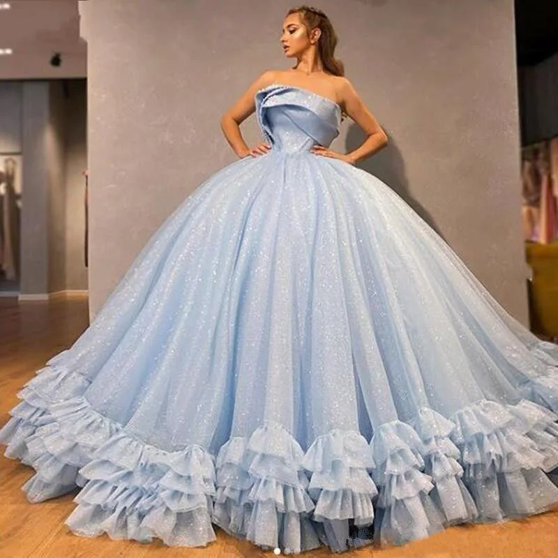 

Princess Blue Ball Gown Quinceanera Dresses Ruffle Hem Sequins Tulle Sweet 15 Dress Lace Up Back Prom Gowns 2020