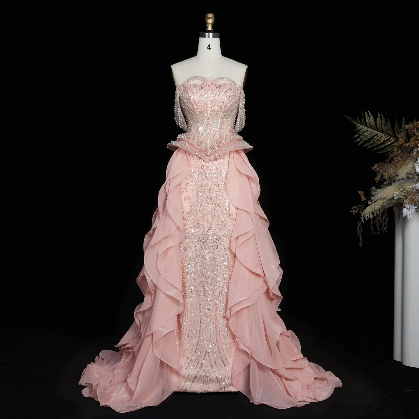 Sharon Said Luxuriöses Pfirsichfarbenes Schulterfreies Meerjungfrauen-Abendkleid mit Abnehmbarer Rüschen-Schleppe, Formelle Anlass-Partykleider SS236 Maßanfertigung – Detail 5
