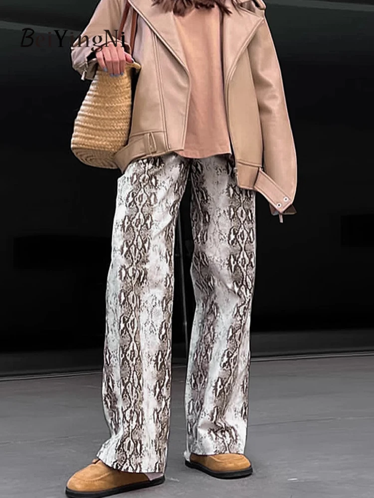 Beiyingni 2025 nouvelle mode femmes Y2K pantalon motif serpent décontracté Vintage haute rue pantalon droit automne femme pantalon ample