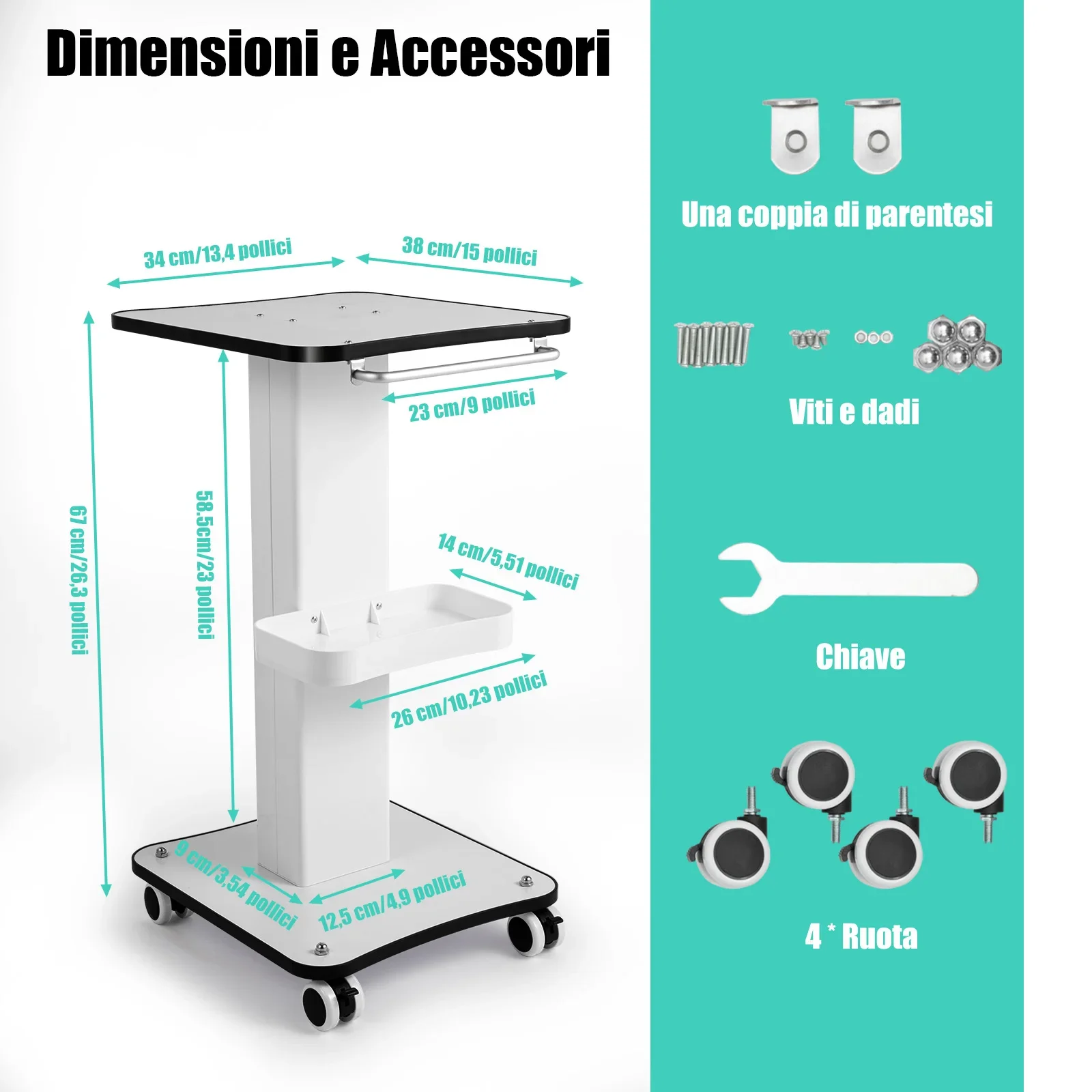 Double Layers ABS Salon Cart with Handle and 4 Wheels Beauty Trolley Stand for Barbershops Studio