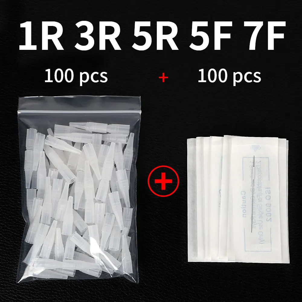 100PCS Needles + 100PC Tips 1R/3R/5F/7F Disposable Sterilized Tattoo Needles For Eyebrow Permanent Makeup Microblading Supplies