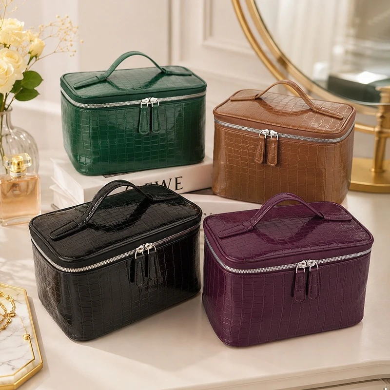 Large Capacity Cosmetic Case Handheld PU Crocodile Pattern Makeup Bag Multifunctional Storage Box Waterproof Simple Style Case