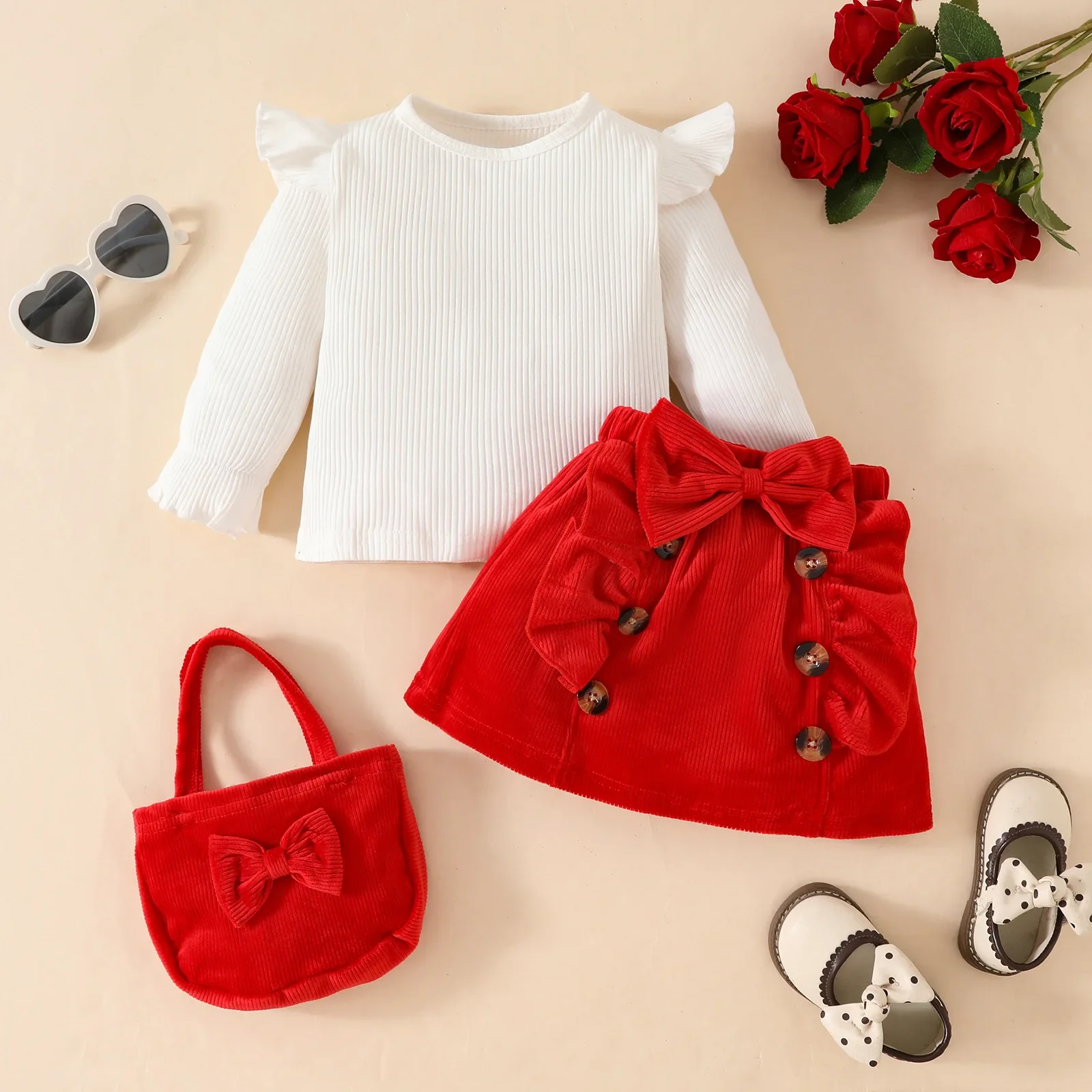 2025 Spring New Girls Clothing Set  Ruffle Sleeve Blouse And Red Skirt +Bow Bag  3 Pcs Girls Dress Suit