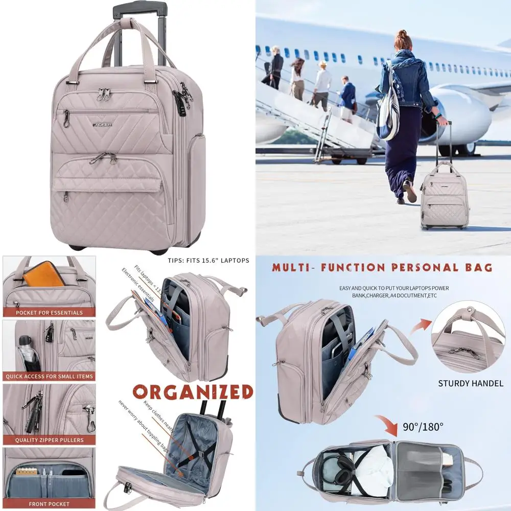 

Lightweight 16-inch Women's Multi-functional Underseat Overnight Suitcase Dusty Pink Compact Travel Bag