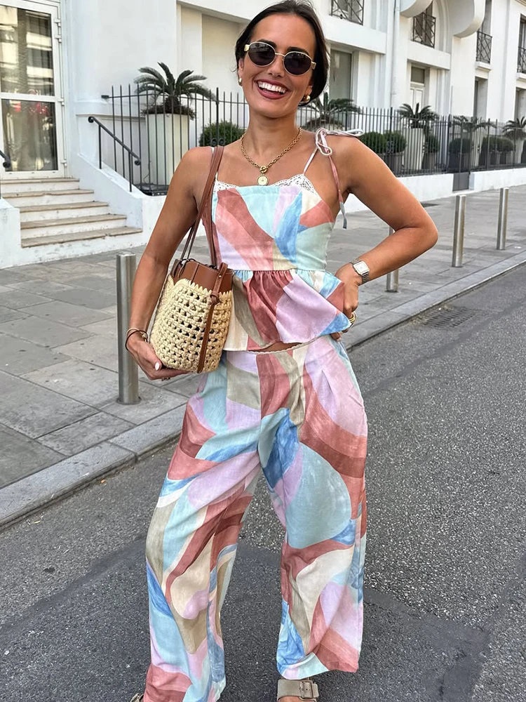 HH Fashion 2026 Summer Boho Printed Camisole Pants Set Women's Lace Lace-up Backless Top+ Lace Trim Wide Leg Pants 2 Piece Set - view 4