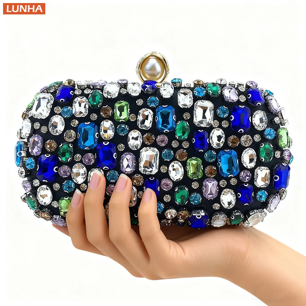 

Women Luxury Evening Clutch Box Bag Colorful Sparkling Rhinestone Pearl Shoulder Purse Handbag with Chain for Wedding Party