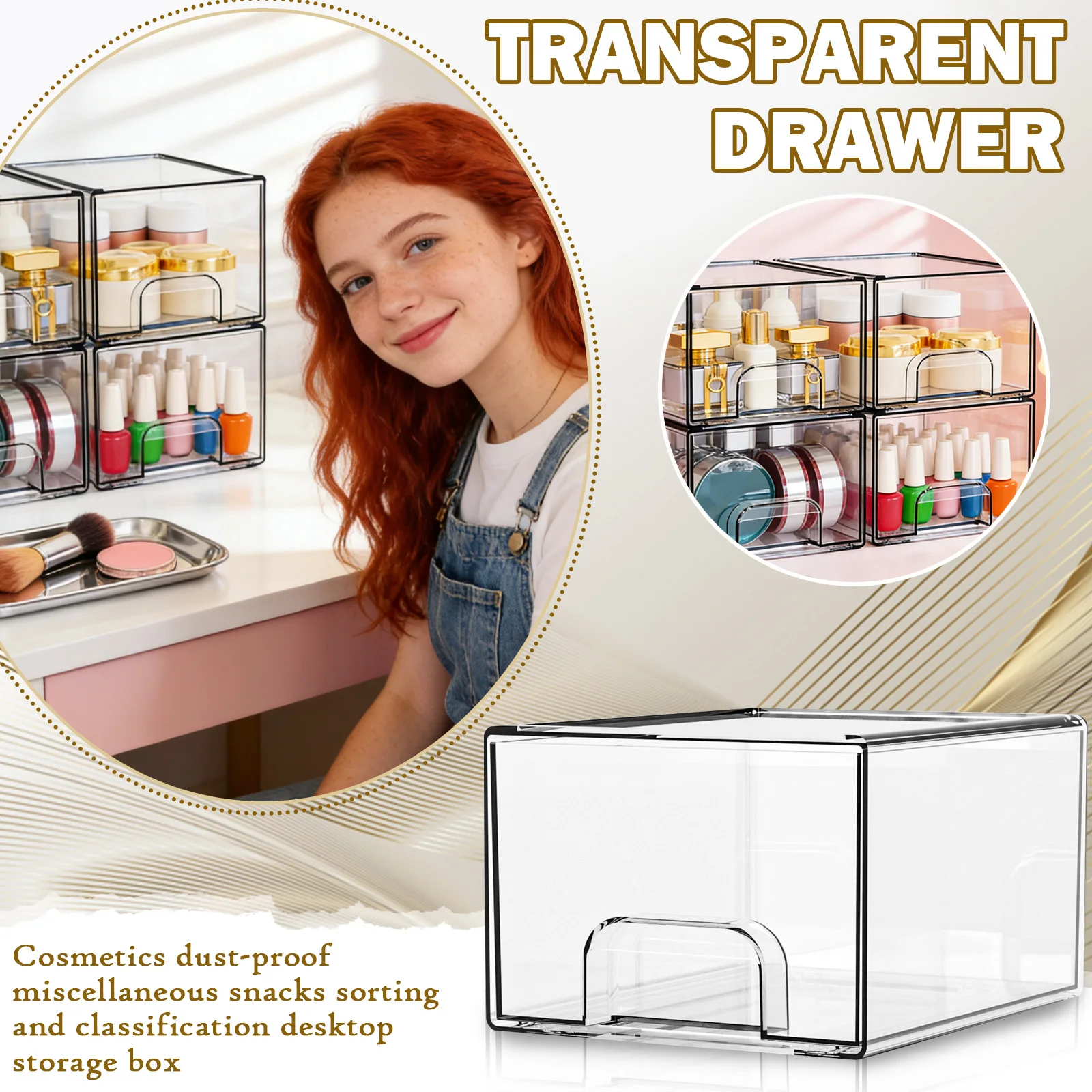Paquet de 4 tiroirs de rangement empilables transparents, organisateur de cosmétiques de salle de bain en acrylique, boîte de rangement en plastique, adapté à la Table de vanité