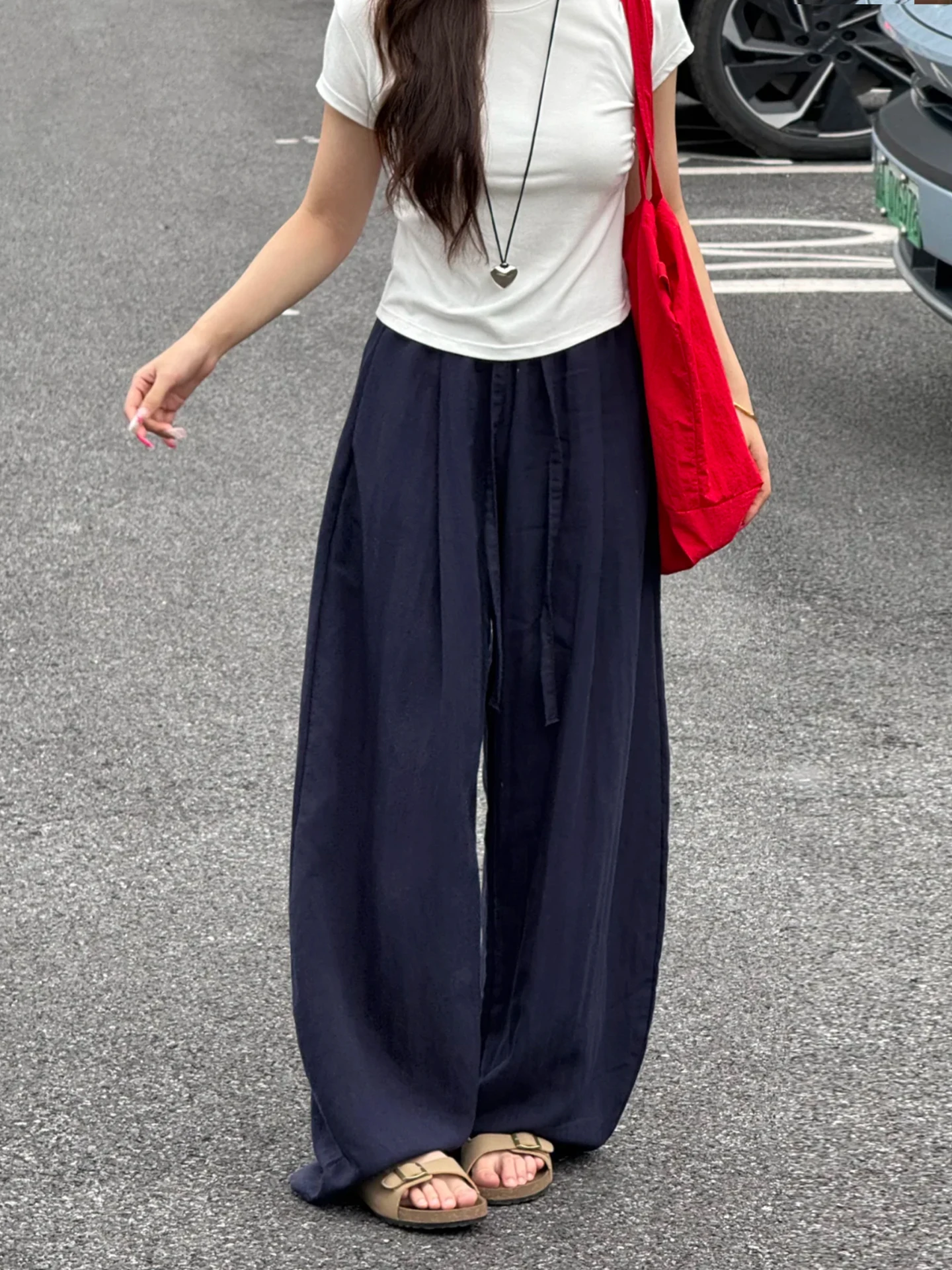 

Свободные прямые широкие брюки для женщин, летние, тонкие, из ледяного шелка, хлопка и льна, драпирующиеся, с эластичным поясом