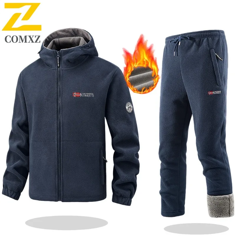 

Winter Men Tracksuit Comfort Outdoor Thickened Fleece Jacket + Pants Two Piece Running Training Windproof Warm Outerwear Sets