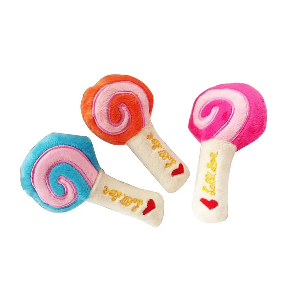 

3pcs Lollipop Squeaky Sound Chew Toys Pet Dogs Cats Plush Bite Chewing Teether Toy (Blue, Orange, Rosy)