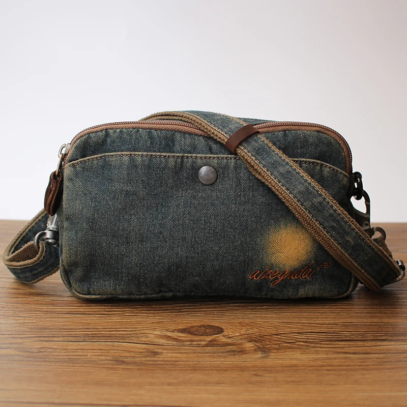 

Женская джинсовая сумка в японском ретро-стиле, повседневная модная маленькая квадратная сумка с несколькими отделениями на молнии, на плечо или через плечо