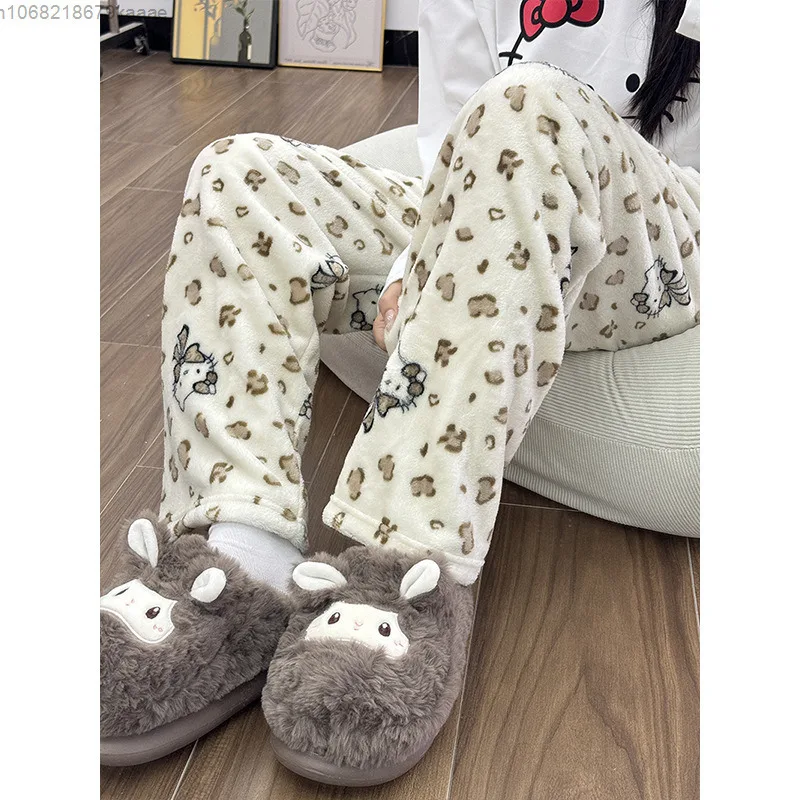 Sanrio Hello Kitty Cute Cartoon Winter New Sleeper Pants Women's Trendy Thick Warm Flannel Sleeper Pants Loose Casual Home Pants