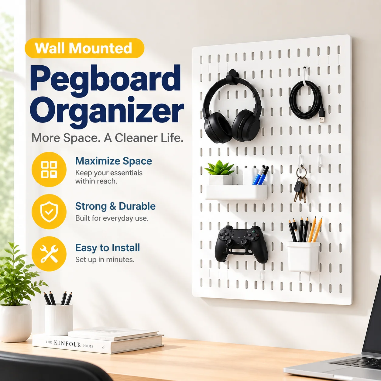 White Wall Mounted Pegboard Display Panel Storage Organizer Board for Home Office Game Room Kitchen, 1x Board Included