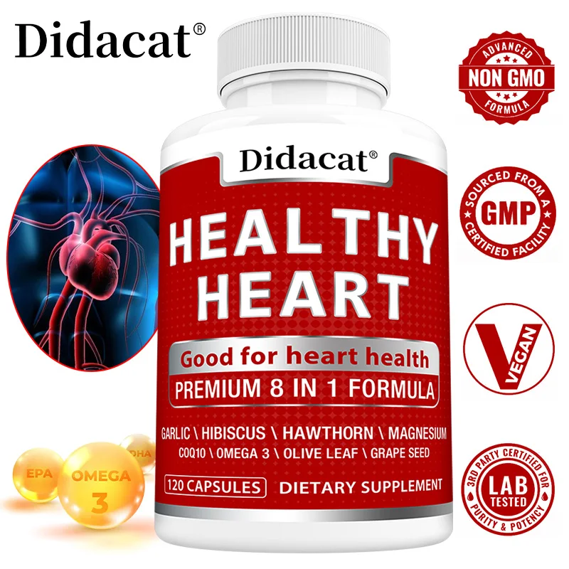 Heart Health Capsules with CoQ10 Omega-3 Garlic, Olive Leaf & More, Antioxidant Supplement for Cardiovascular Wellness & Energy