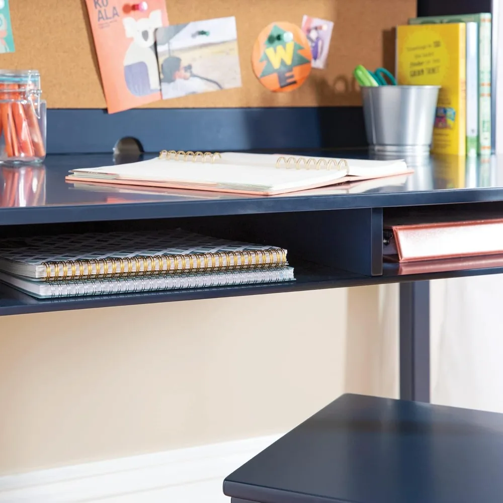 Navy Blue Kids Desk with Storage Hutch and Chair by Guidecraft - Wooden Study Table with Corkboard