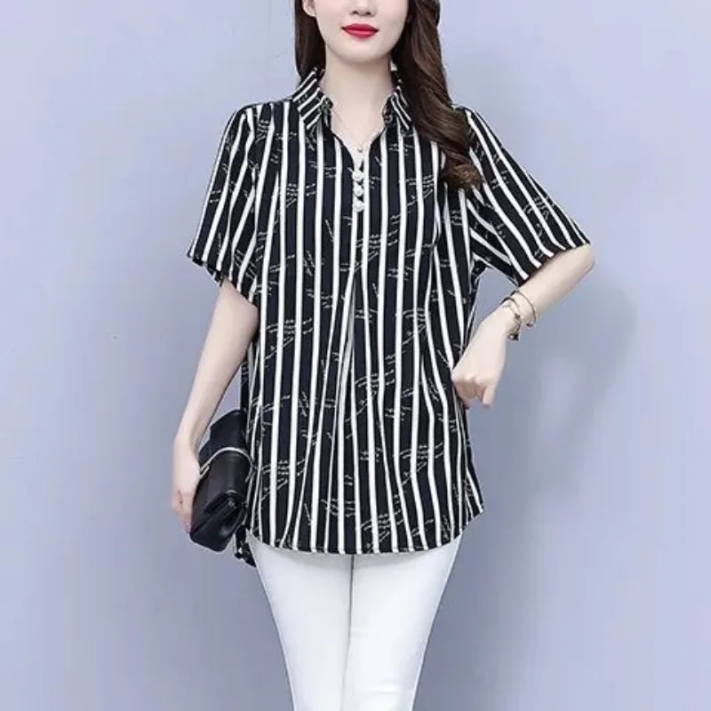 Korean Office Lady Summer New Shirts Women Polo Collar Button Striped Simplicity Versatile Loose Short Sleeve Mid-length Tops