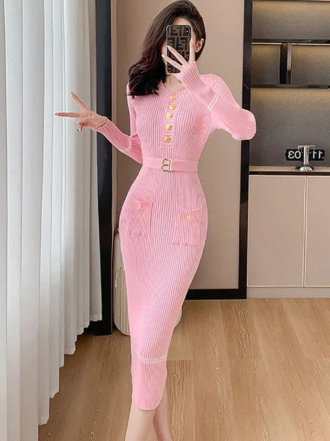 Vestido ajustado de punto rosa para mujer vestido largo informal de manga larga elegante sueter coreano otono e invierno 2024 AliExpress