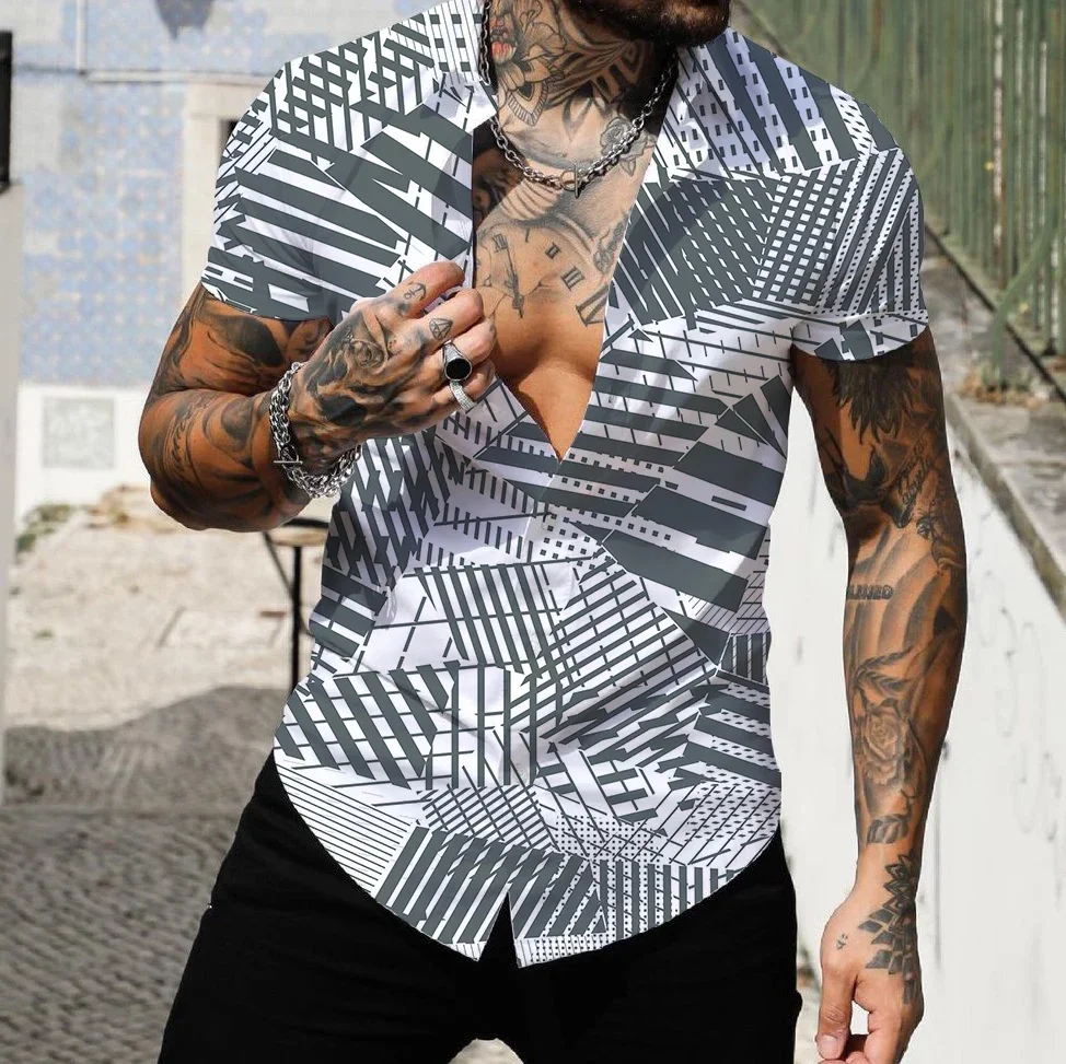 Camisa de manga curta havaiana masculina, tops de lapela, moda streetwear, impressão 3D, patchwork listrado, praia, 2023