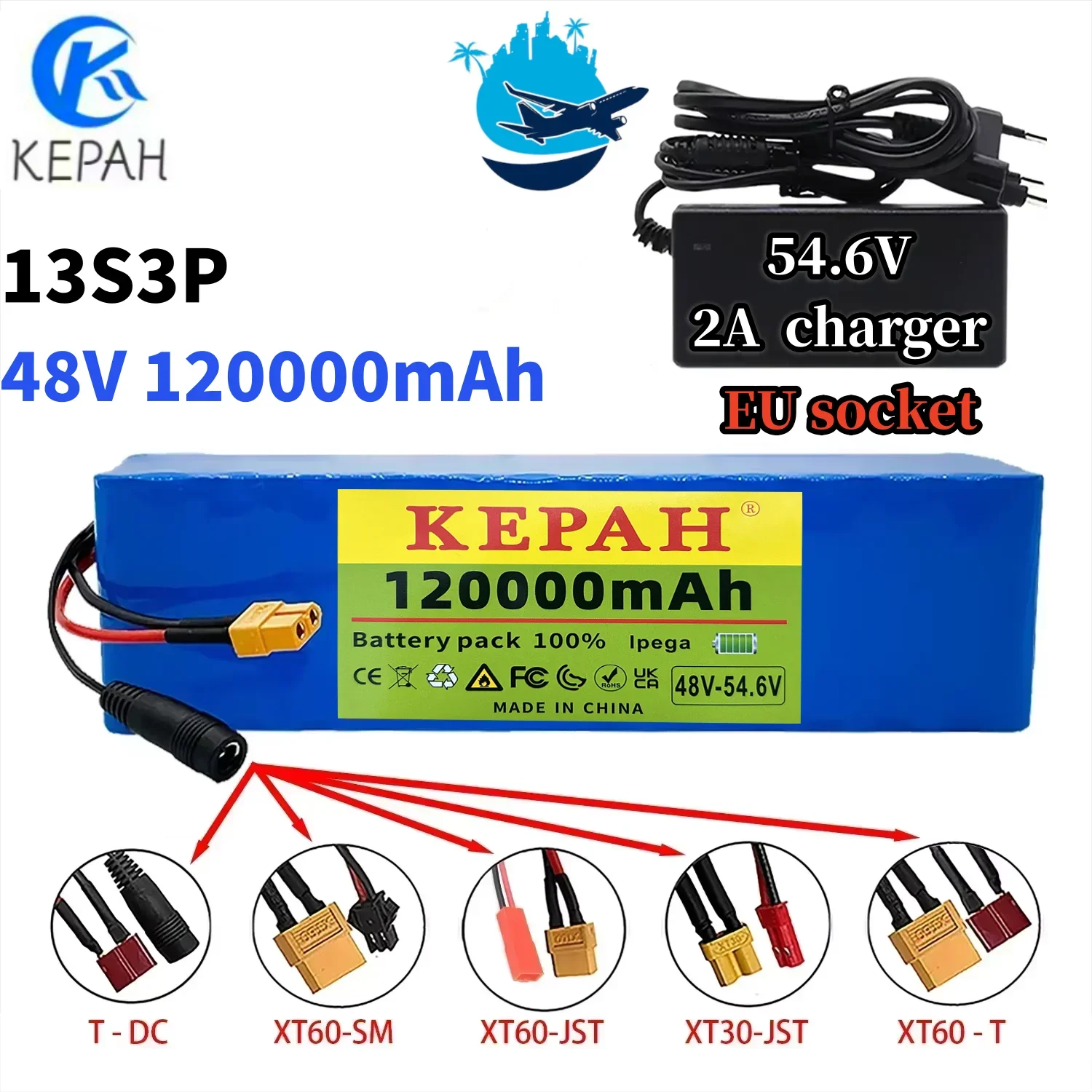 New 48V 120000mAh 2000W 13S3P XT60 48V Lithium-ion Battery Pack, Lithium Iron Phosphate Battery 120Ah and 54.6V Charger