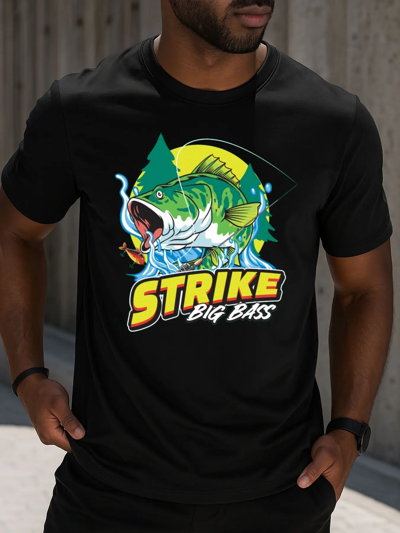 Big Bass Strike Fishing Graphic T-Shirt 100% Cotton O-Neck Short Sleeve Summer Casual Mens T-shirt Streetwear
