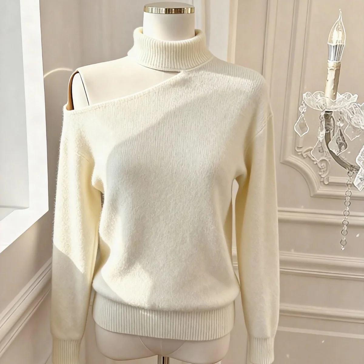 

Retro Ne Hanging oulder Bared Knitted Sweater Women's Inner Wear Waist Cinching Top Ele Loose Fit Long Sve Wool Blend
