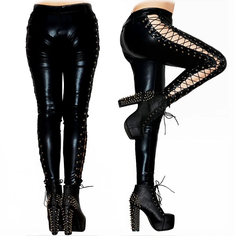 Women Gothic Lace Up Pant Punk Rock Faux Leather Pants Lady Party Night Bar Sexy Leather Leggings Dancing Disco Slim Pant