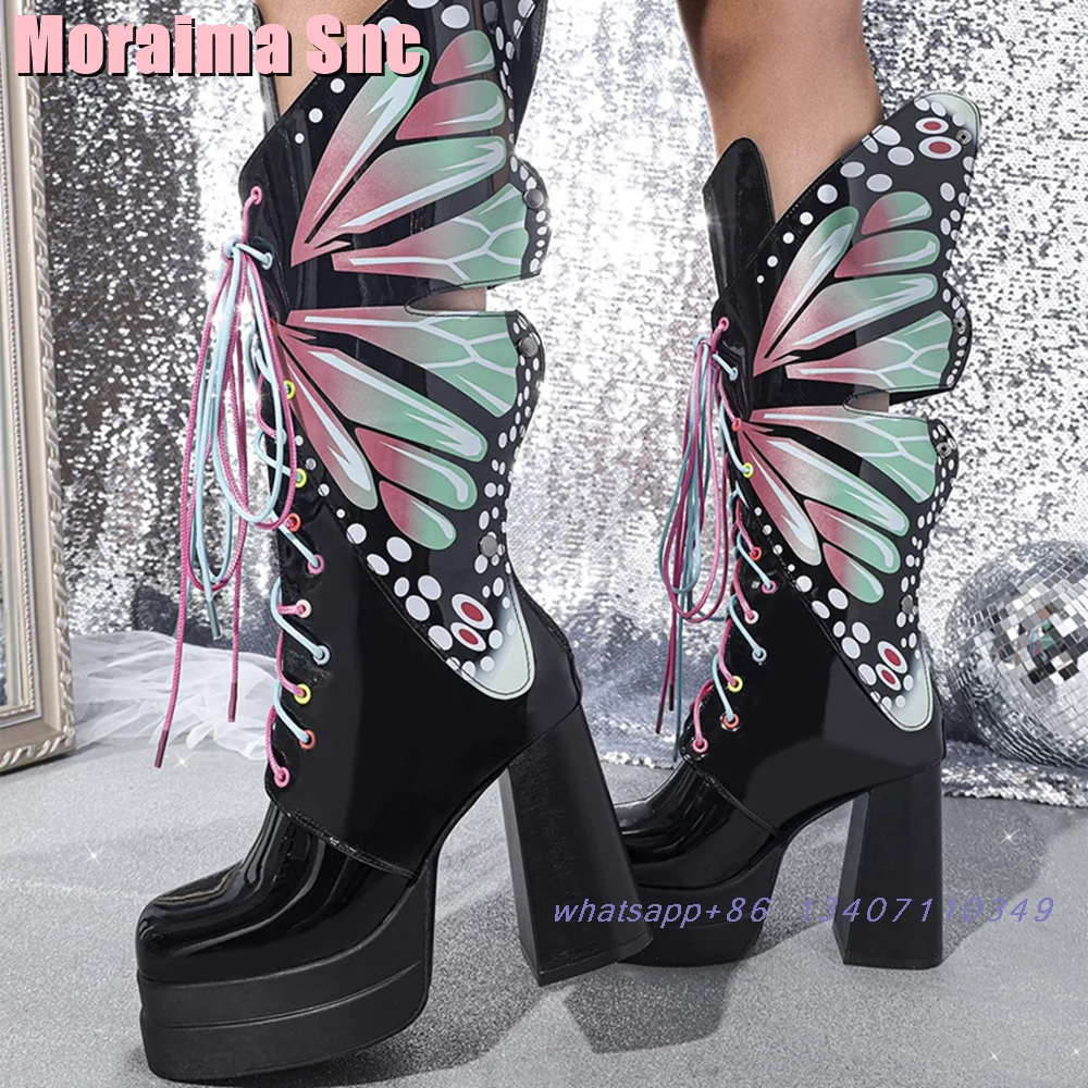 Butterfly Wings Decor Lace-up Knee High Boots Platform Block High Heel Square Toe Back Zipper Patent Leather 2024 New Women Boot