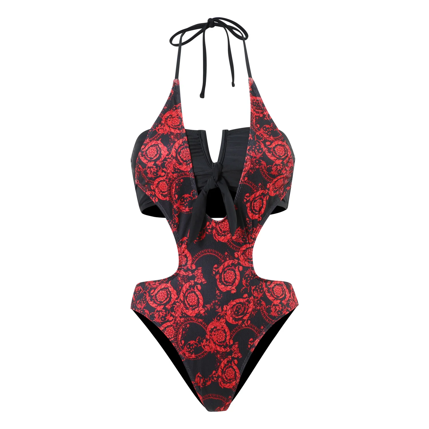 

Женский красный купальник-бандо из двух предметов с цветочным принтом, комплект бикини с вырезом и галстуком, купальный костюм, сексуальный пляжный купальник с высокой талией