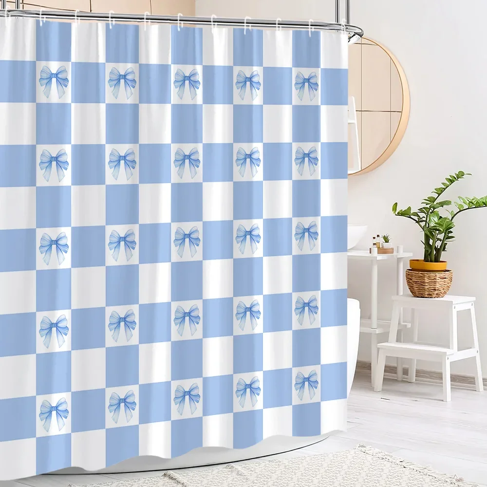 Tenda da doccia con fiocco blu carino, plaid a righe alla moda, regalo per le vacanze delle ragazze, tende da doccia in tessuto poliestere, arredamento per il bagno con ganci