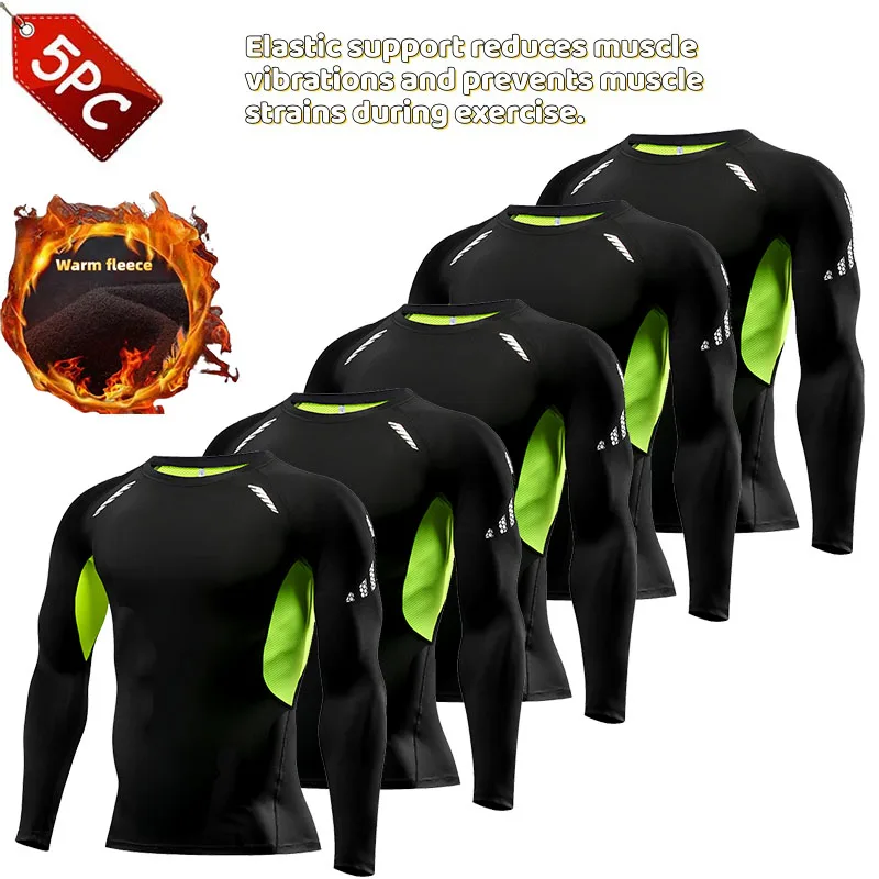 

5-Piece Gym Clothing Winter Thermal Bodybuilding Top Men's Jogging Compression Running T Shirt Fitness camisetas de hombre