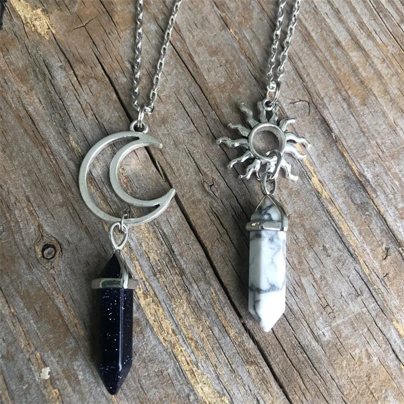 2pcs Vintage Sun Moon Natural Stone Hexagon Column Crystal Couple Jewelry Necklace Women Charm Accessories Pendant Gift