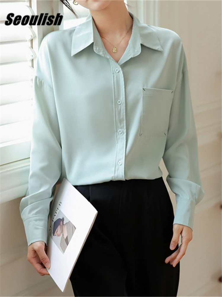 

Seoulish Autumn Elegant One Pocket Women's Blouse 2023 New Chiffon Long Sleeve Casual Loose Office Ladies T-Shirts Tops Female