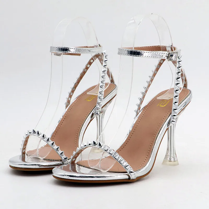 High Heels Rivets Sandals Women 2023 Summer Luxury Fetish 9cm Silver Gold Clear Heels Sandals Party Wedding Shoes Plus Size 42