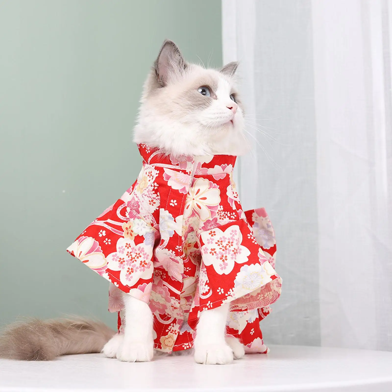 Cat Kimono Dress Autumn and Winter Cute Pet Dress Cat Costume Flower Pattern Clothes for Kitten Puppy Pet Supplies
