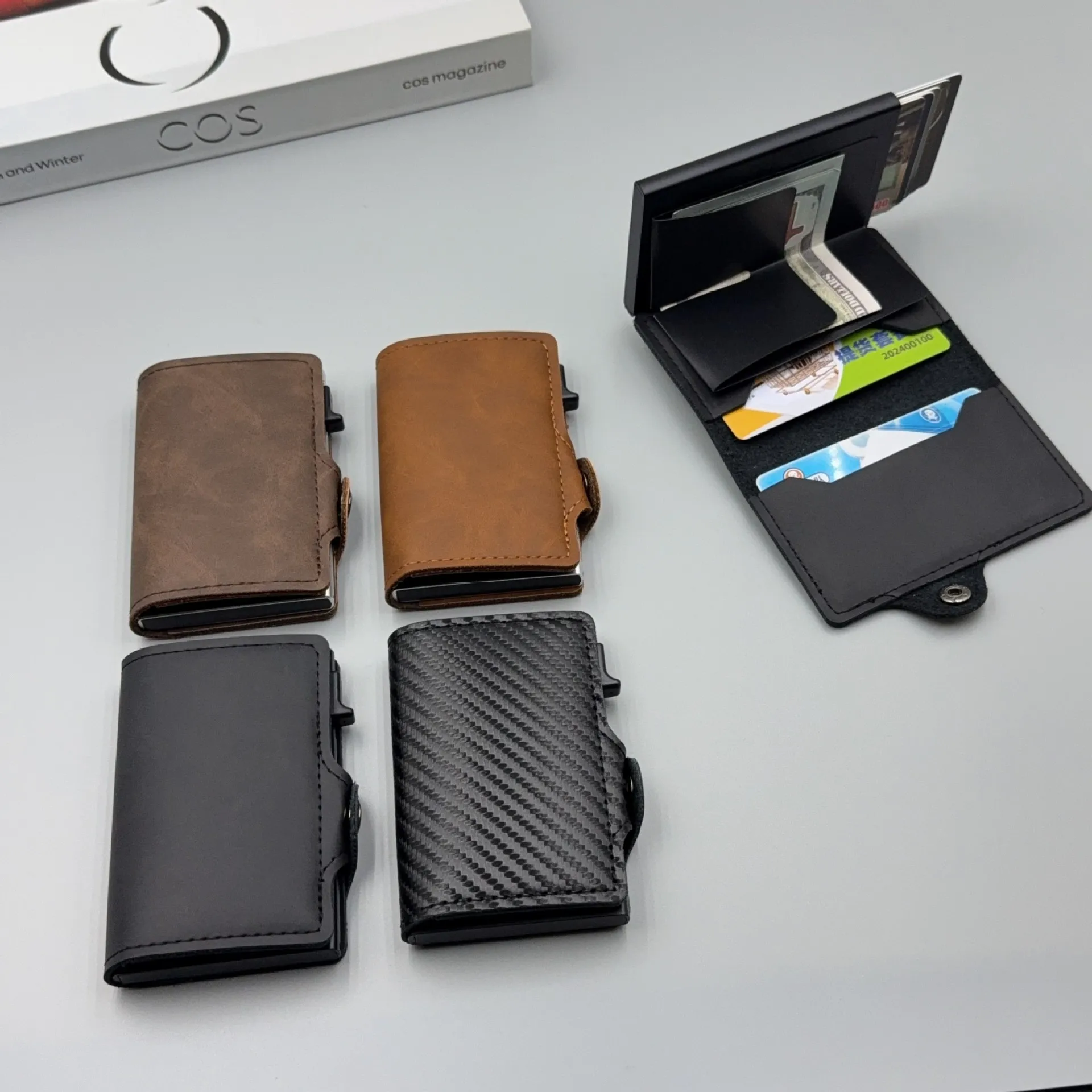 RFID-blockierender Pop-Up-Kartenhalter aus Kohlefaser, Herren-Geldbörse, minimalistisches Kredit- und Ausweiskartenetui, modische Geldbörse, Carteira Masculina – Detail 9