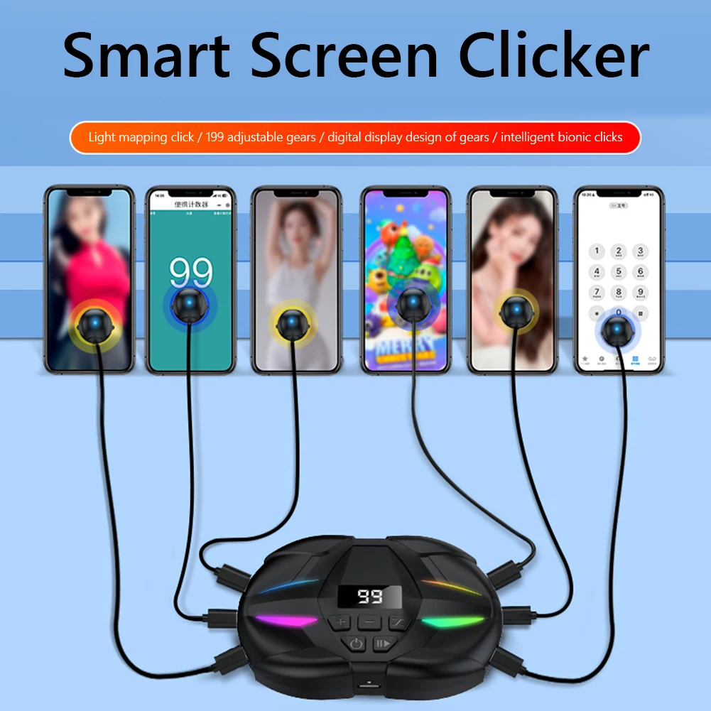 Mobile Phone Screen Auto Clicker Adjustable Game Clicker with Digital Display & RGB Light for Games Live Broadcasts Likes Reward