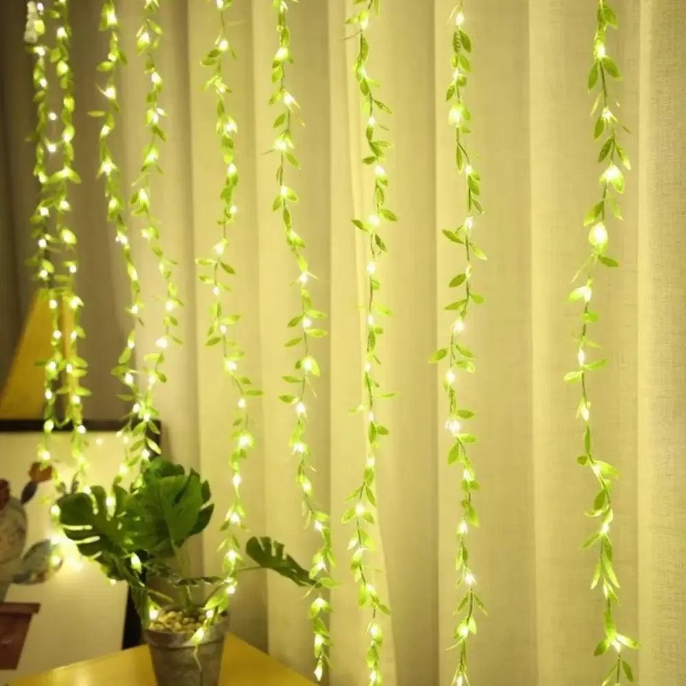 

Green Leaf Imitation Leaf String Light 10M/100 LED Waterproof Willow Curtain Lamp Copper Wire Battery Powered