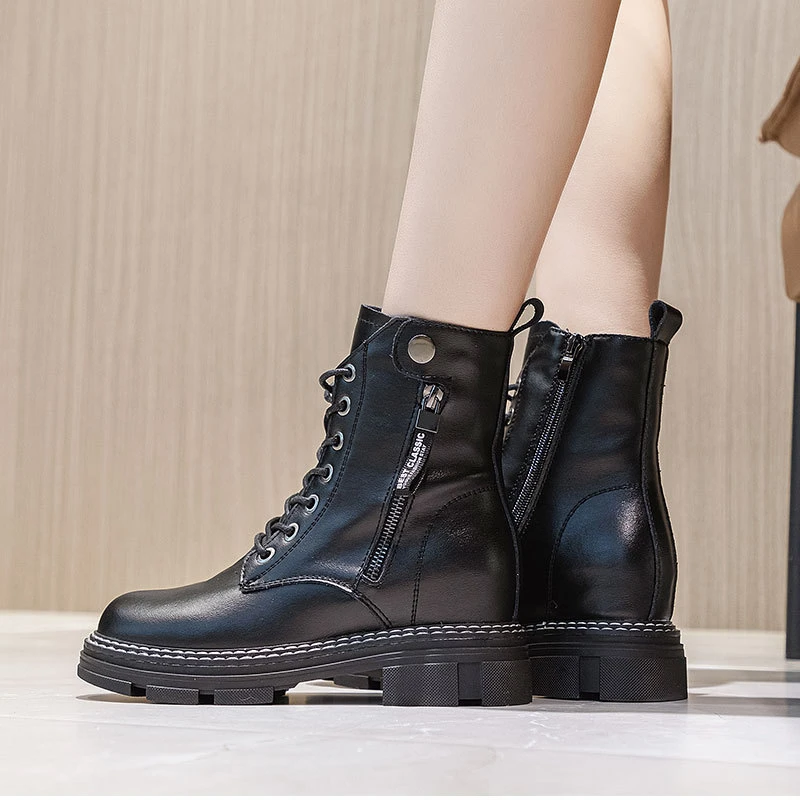 

Women Genuine Leather Ankle Boots 2025 Autumn Fleece Lined Thick Sole Hidden Wedge Double Side Zipper Slim Casual Student Shoes