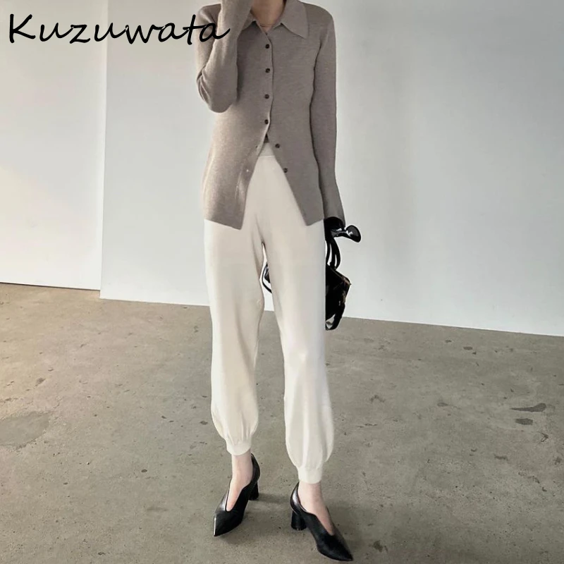 Kuzuwata Vintage Turn-Down Collar Flare Sleeve Jumper Single Breasted Solid Stripe Pull Femme Japan Fashion Soft Simple Tops