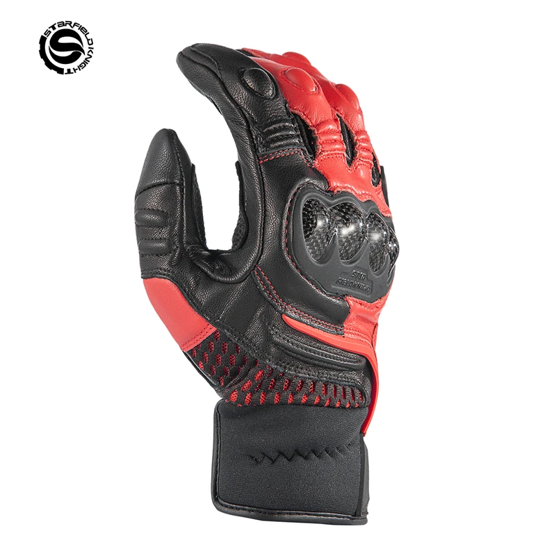 SFK Red&Black Motorcycle Gloves Real Goat Leather Wear-resistant Mesh Breathable Carbon Fiber Multiple Protection Riding Gears