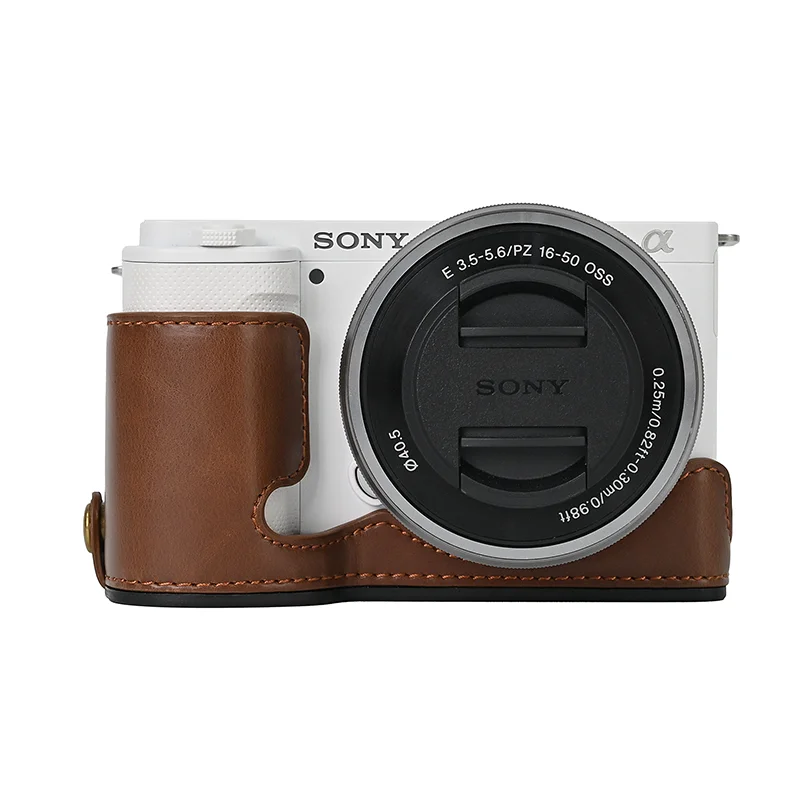 Oil Skin Camera Bag PU Leather Case Half Body Base Protector for Sony ZV-E10 ZVE10 Protective Opening Bottom Cover + Wrist Strap