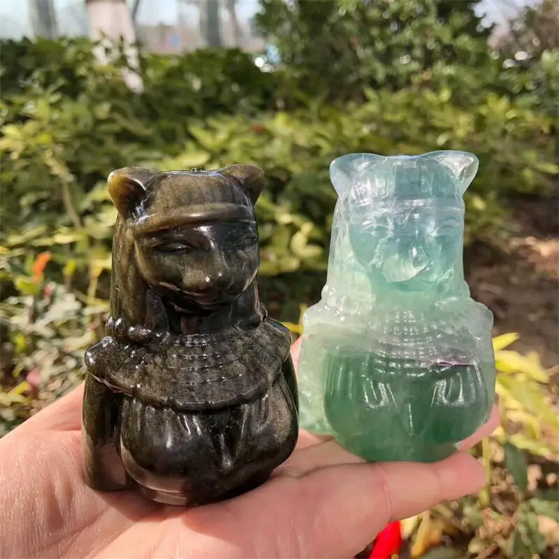 Natural Golden Obsidian Fluorite Catwoman Statue Carving Crystals Beautiful Gemstone For Home Decoration Collection Gift 1PCS