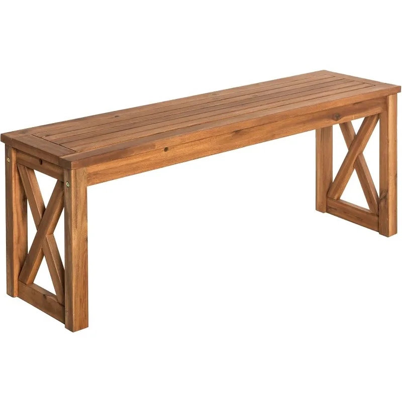 Modern Solid Acacia Wood X Frame Outdoor Bench, 52 Inch, Brown