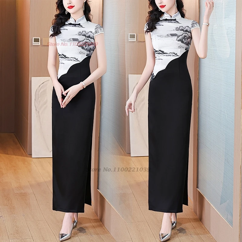 

2025 chinese vintage dress improved qipao retro ink painting patchwork cheongsam stage performance dress banquet evening dress