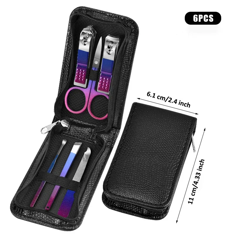 Set di kit per manicure con sfumatura viola-blu 6 in 1, strumenti per unghie con custodia da viaggio nera, forbici per unghie con borsa con cerniera, manicure da viaggio