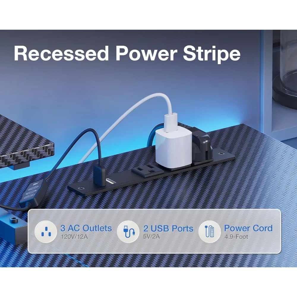 48 Inch Gaming Desk with USB Charging Ports and LED Lights, Reversible L Shaped Computer Desk with Storage Shelves