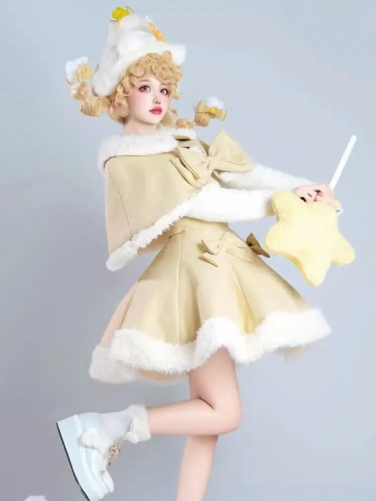 Sweet Lolita Camisole Dress Set Women Big Bow Woolen Cloak Fuzzy Trim High Waist Slim Fit Mini Dress Elegant Daily Outfit 2026