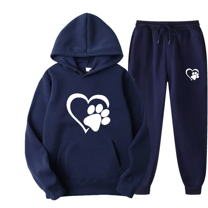 New Cute Dog PAWS And Heart-Shaped Print Hoodie Set Men's And Women's Casual Long Sleeve Set Fall/Winter Pullover Trousers Size