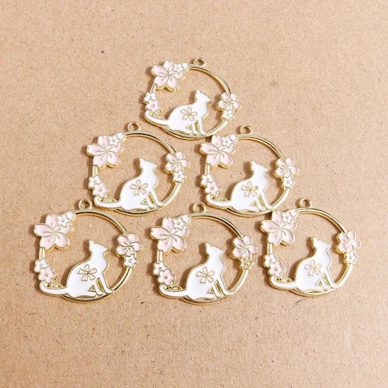 10 buah liontin jimat kucing bunga Enamel lucu untuk membuat perhiasan kalung anting DIY perlengkapan Aksesori perhiasan