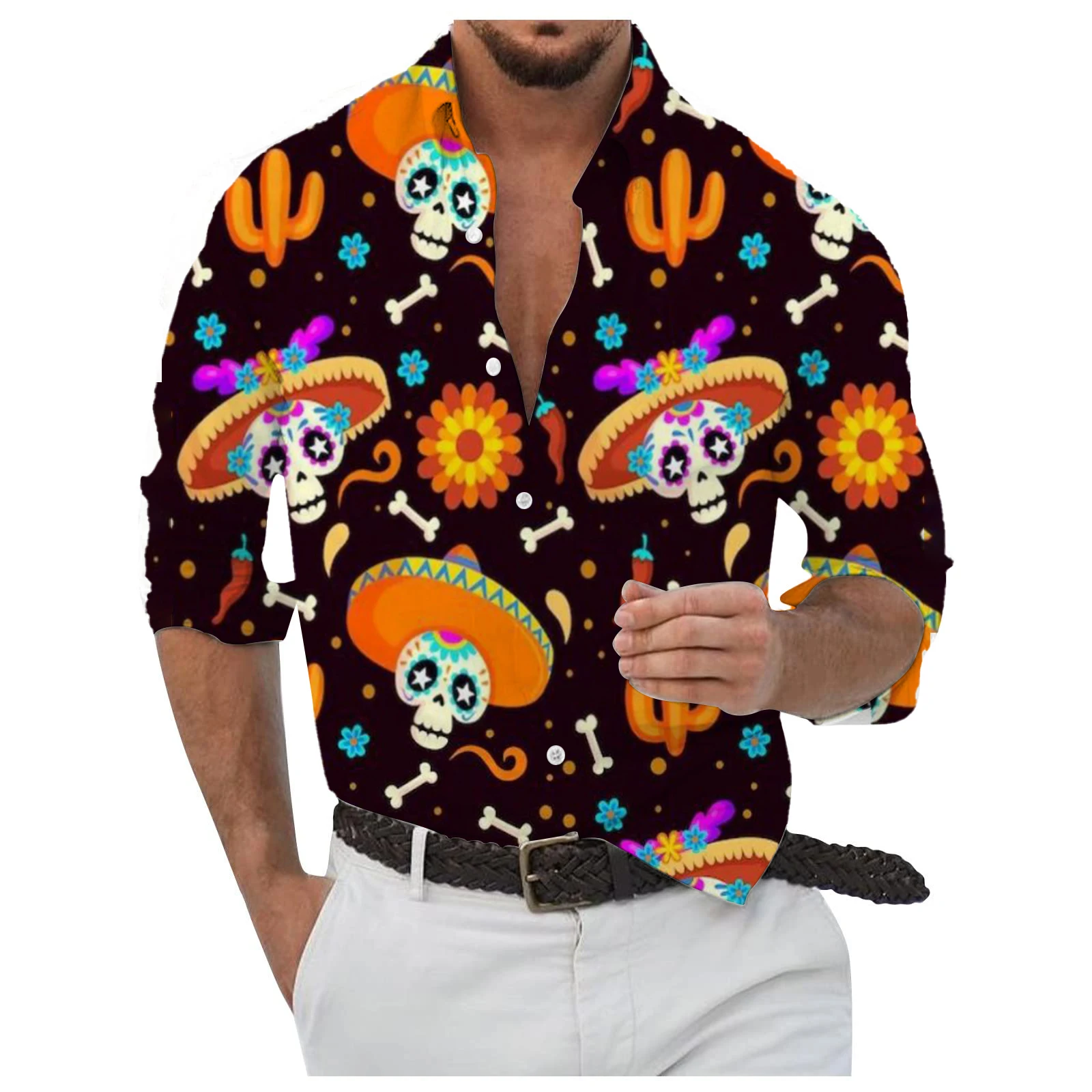 Camisa de manga larga con gráficos de calavera de azúcar de México para hombre, Tops transpirables, camisa de manga larga con patrón temático de halloween, cuello vuelto